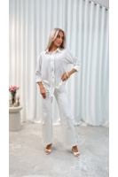 Koszula damska elegancka haftowane kwiaty – koszula wizytowa długi rękaw - kremowa