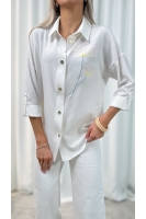 Koszula damska elegancka haftowane kwiaty – koszula wizytowa długi rękaw - kremowa