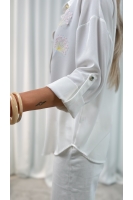 Koszula damska elegancka haftowane kwiaty – koszula wizytowa długi rękaw - kremowa