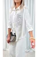 Koszula damska motyw kwiatowy ecru elegancka luźna do pracy