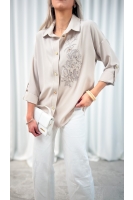 Koszula damska motyw kwiatowy jasny beż elegancka luźna do pracy
