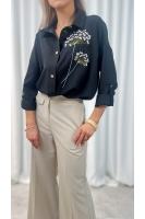 Koszula damska elegancka haftowane kwiaty – koszula wizytowa długi rękaw - czarny