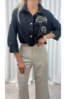 Koszula damska elegancka haftowane kwiaty – koszula wizytowa długi rękaw - czarny