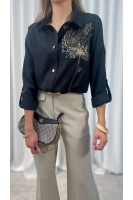 Koszula damska czarna elegancka haft koperek złoty luźna guziki