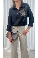 Koszula damska czarna elegancka haft koperek złoty luźna guziki