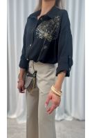 Koszula damska czarna elegancka haft koperek złoty luźna guziki