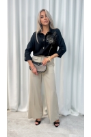 Koszula damska czarna elegancka haft koperek złoty luźna guziki