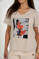 T-shirt z dekoltem w kształcie litery „V” z krótkim rękawem arbuz - jasny beż