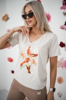 T-shirt z dekoltem w kształcie litery „V” z krótkim rękawem drinki - jasny beż