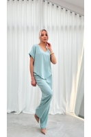 Bluzka Damska Elegancka V-neck Luźna Wizytowa Krótki Rękaw Premium - szałwia