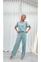 Spodnie Eleganckie Damskie Szerokie Wysoki Stan Garniturowe Premium - szałwia