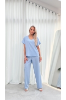 Bluzka Damska Elegancka V-neck Luźna Wizytowa Krótki Rękaw Premium - błękit