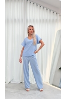 Bluzka Damska Elegancka V-neck Luźna Wizytowa Krótki Rękaw Premium - błękit