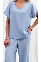 Bluzka Damska Elegancka V-neck Luźna Wizytowa Krótki Rękaw Premium - błękit