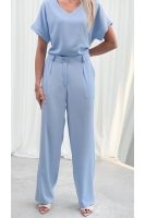 Spodnie Eleganckie Damskie Szerokie Wysoki Stan Garniturowe Premium - błękit