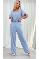 Spodnie Eleganckie Damskie Szerokie Wysoki Stan Garniturowe Premium - błękit