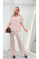 Bluzka Damska Elegancka V-neck Luźna Wizytowa Krótki Rękaw Premium - jasny beż