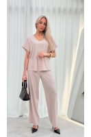 Spodnie Eleganckie Damskie Szerokie Wysoki Stan Garniturowe Premium - jasny beż