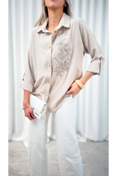 Koszula damska motyw kwiatowy jasny beż elegancka luźna do pracy