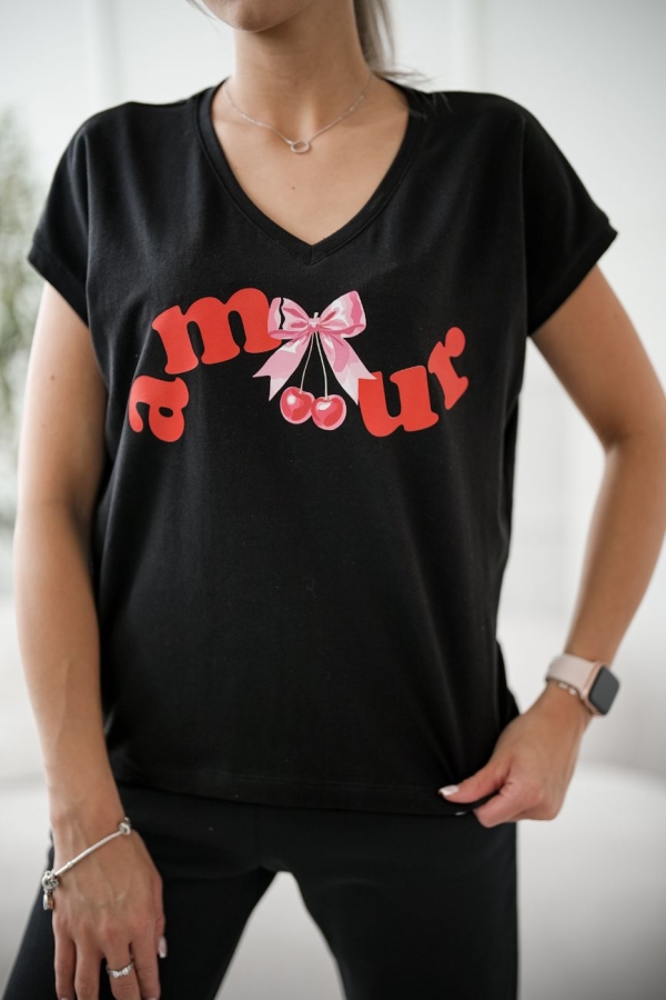 T-shirt z dekoltem w kształcie litery „V” z kimonowym rękawem amur - czarny