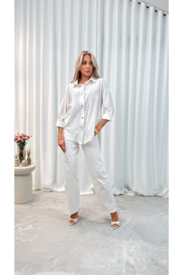 Koszula damska elegancka haftowane kwiaty – koszula wizytowa długi rękaw - kremowa