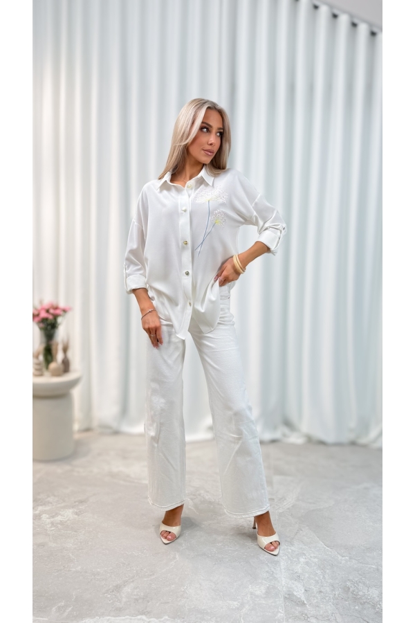 Koszula damska elegancka haftowane kwiaty – koszula wizytowa długi rękaw - kremowa