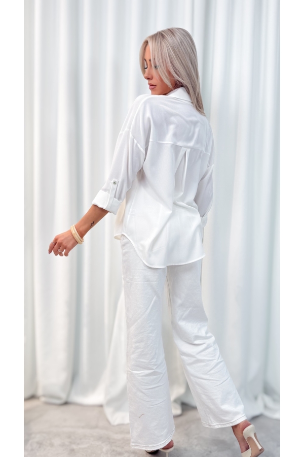 Koszula damska elegancka haftowane kwiaty – koszula wizytowa długi rękaw - kremowa