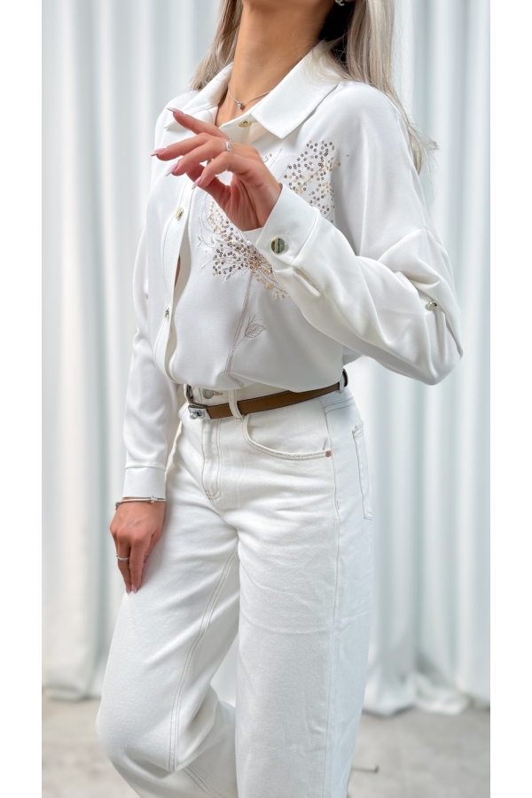 Koszula damska kremowa elegancka haft koperek złoty luźna guziki