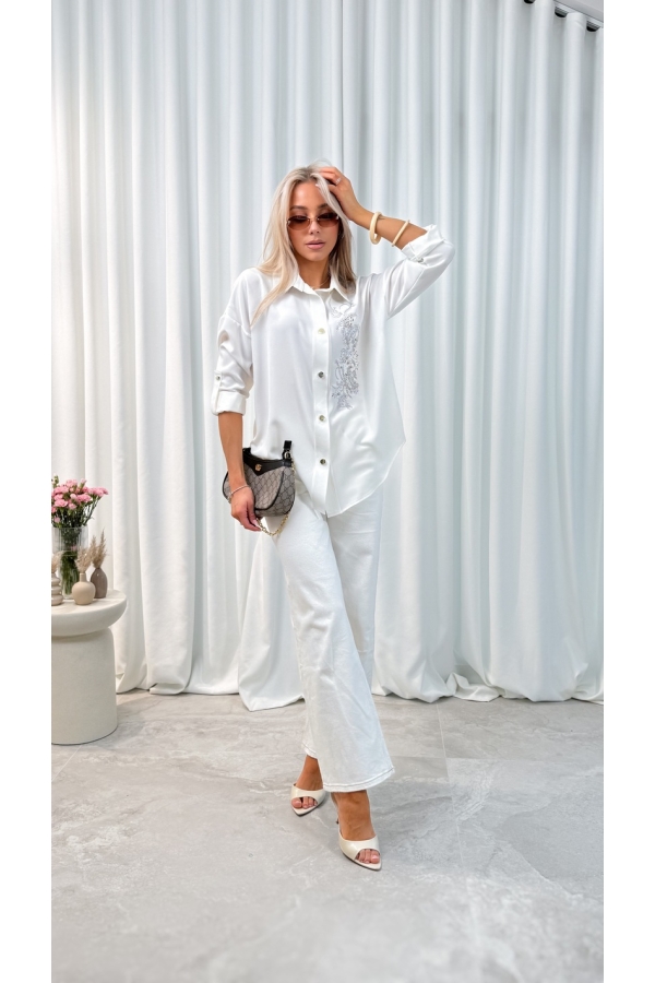 Koszula damska motyw kwiatowy ecru elegancka luźna do pracy