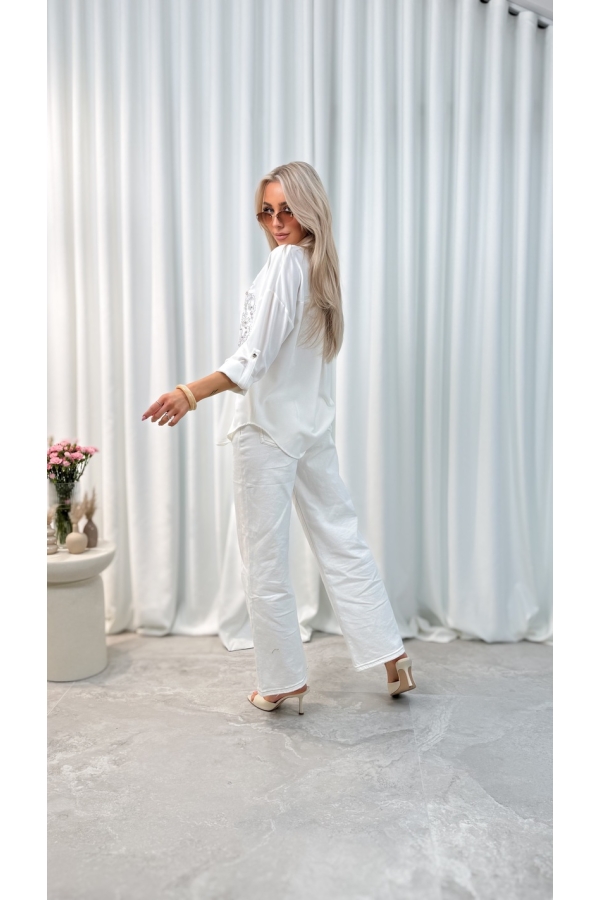 Koszula damska motyw kwiatowy ecru elegancka luźna do pracy