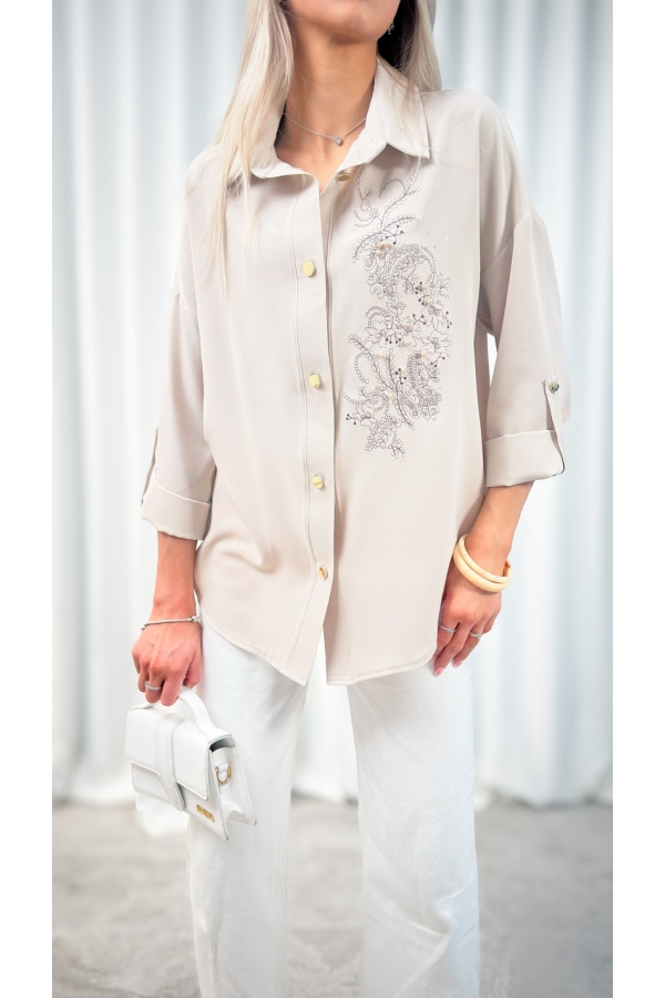 Koszula damska motyw kwiatowy jasny beż elegancka luźna do pracy