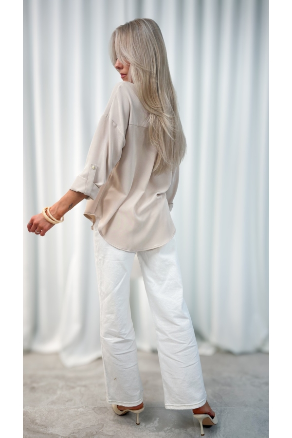 Koszula damska motyw kwiatowy jasny beż elegancka luźna do pracy