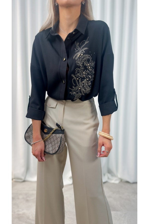 Koszula damska motyw kwiatowy czarna elegancka luźna do pracy