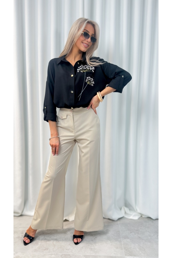 Koszula damska elegancka haftowane kwiaty – koszula wizytowa długi rękaw - czarny