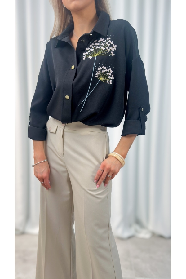 Koszula damska elegancka haftowane kwiaty – koszula wizytowa długi rękaw - czarny