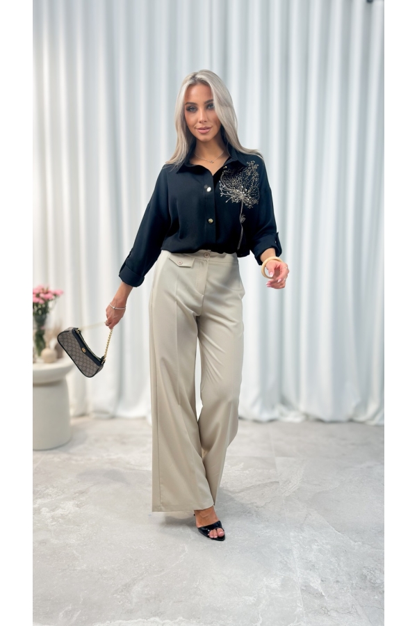 Koszula damska czarna elegancka haft koperek złoty luźna guziki