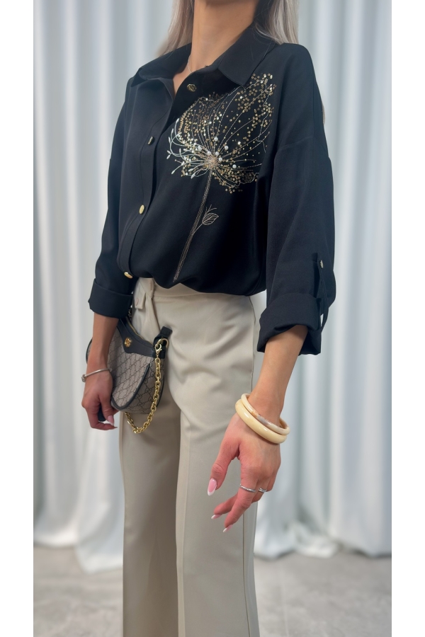 Koszula damska czarna elegancka haft koperek złoty luźna guziki