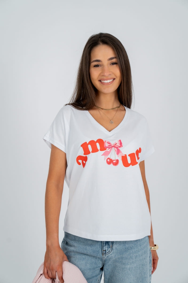 T-shirt z dekoltem w kształcie litery „V” z kimonowym rękawem amur - biały