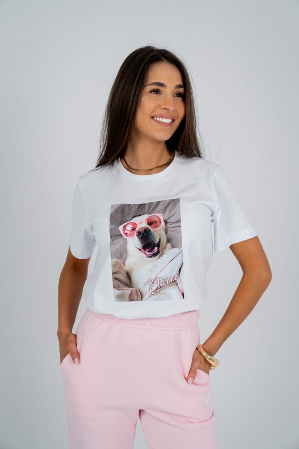 T-shirt z okrągłym dekoltem krótkim rękawem pies - biały