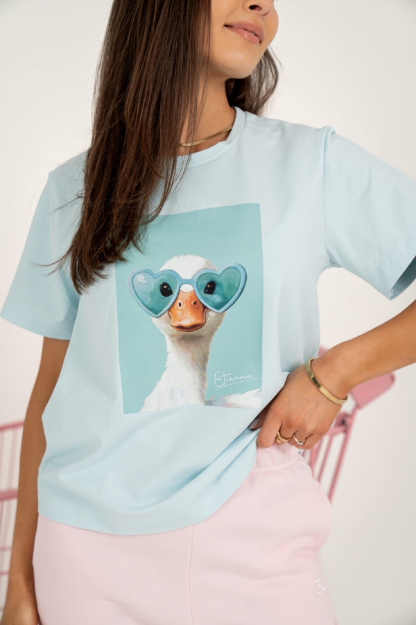 T-shirt z okrągłym dekoltem krótkim rękawem gęś - pastelowy błękit
