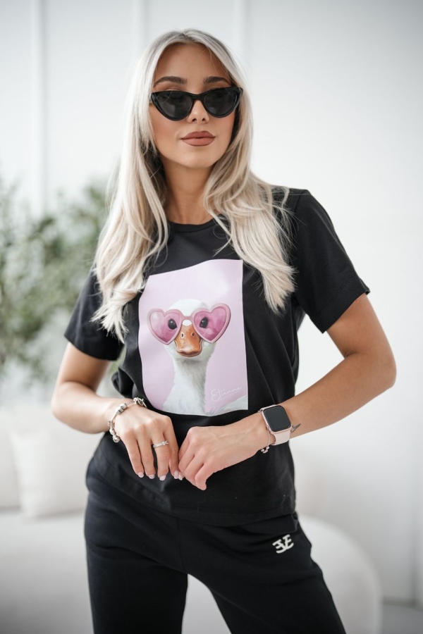 T-shirt z okrągłym dekoltem krótkim rękawem gęś - czarny