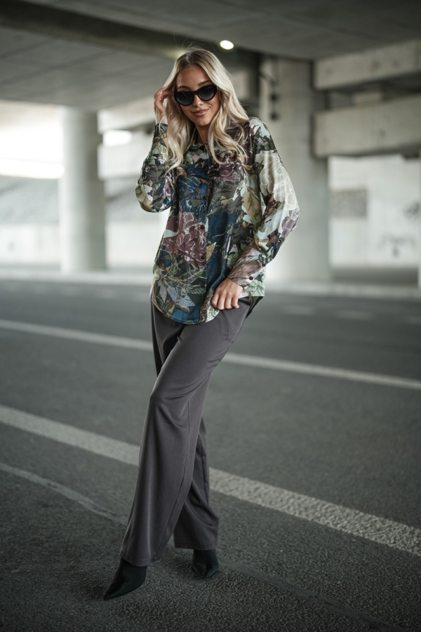 Koszula damska z printem kwiatowym elegancka na guziki modna bluzka