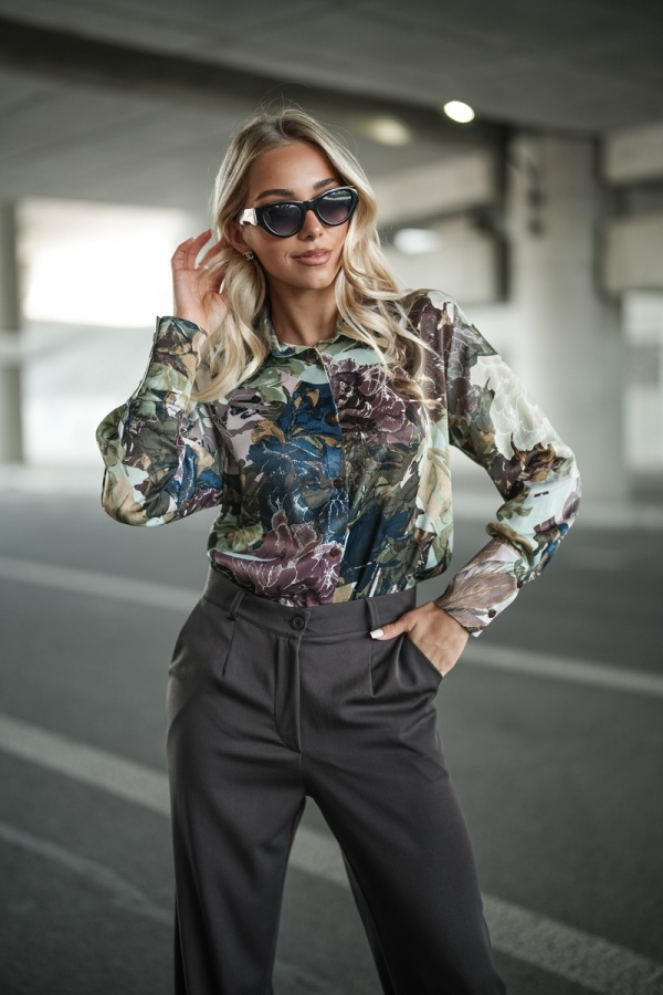 Koszula damska z printem kwiatowym elegancka na guziki modna bluzka