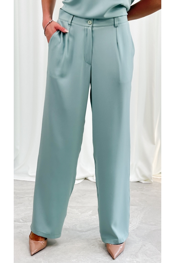 Spodnie Eleganckie Damskie Szerokie Wysoki Stan Garniturowe Premium - szałwia
