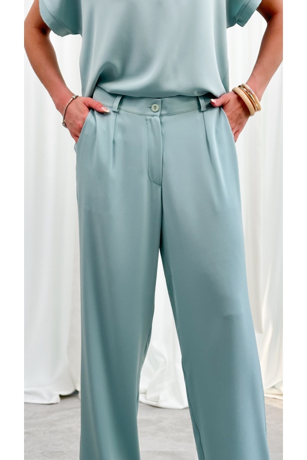 Spodnie Eleganckie Damskie Szerokie Wysoki Stan Garniturowe Premium - szałwia