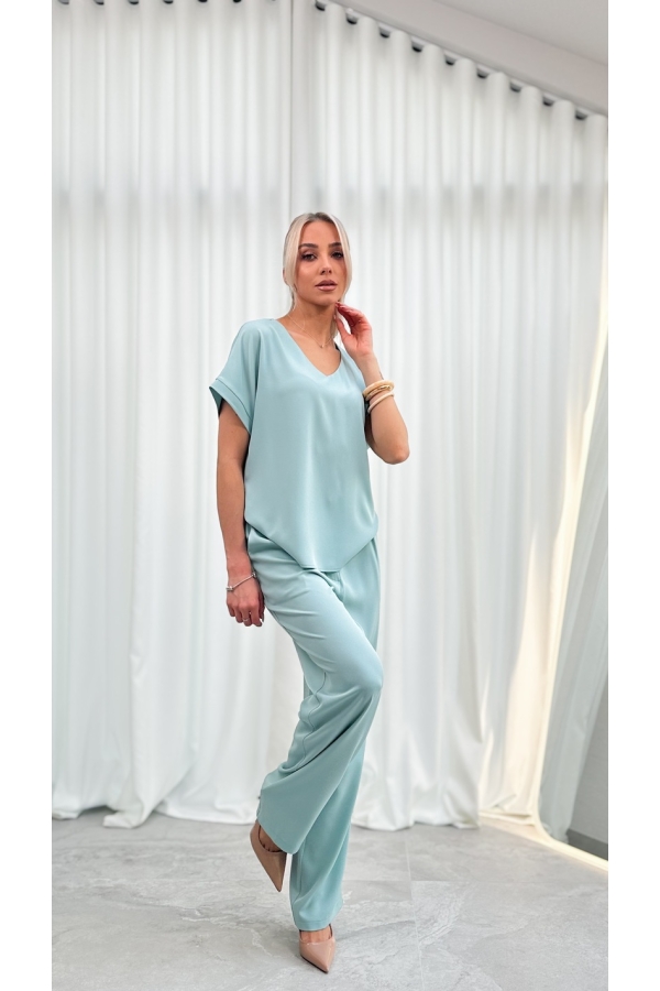 Bluzka Damska Elegancka V-neck Luźna Wizytowa Krótki Rękaw Premium - szałwia