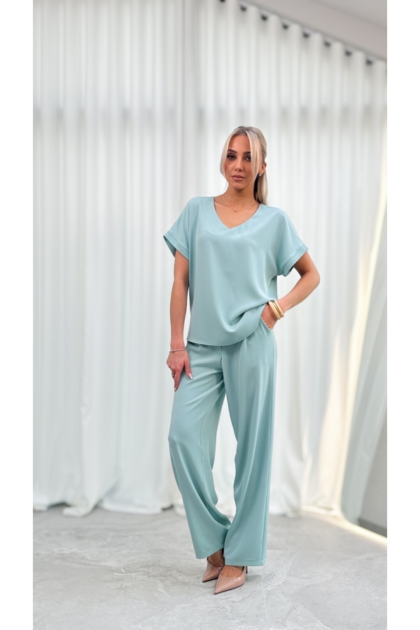 Bluzka Damska Elegancka V-neck Luźna Wizytowa Krótki Rękaw Premium - szałwia