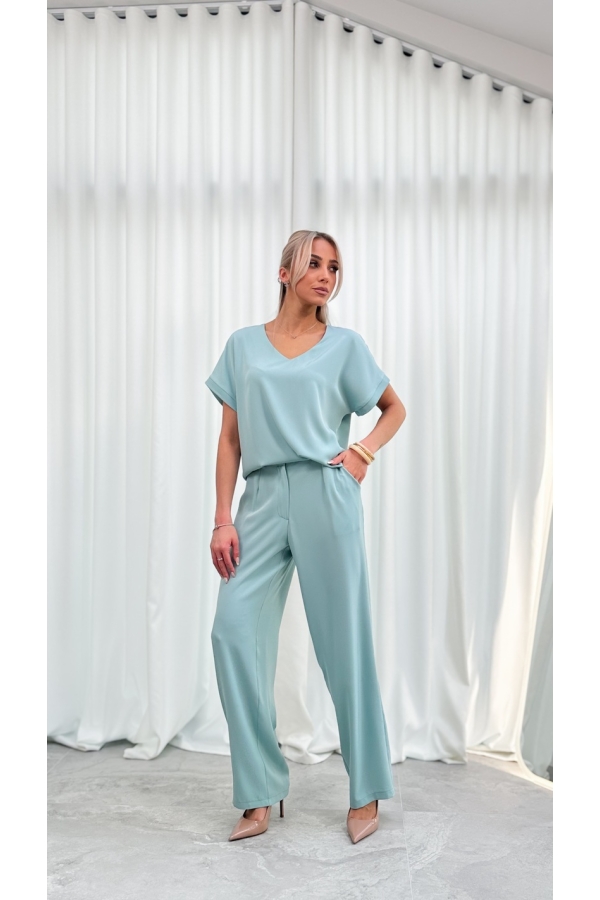 Bluzka Damska Elegancka V-neck Luźna Wizytowa Krótki Rękaw Premium - szałwia