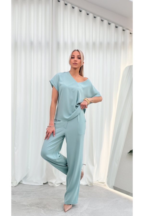 Bluzka Damska Elegancka V-neck Luźna Wizytowa Krótki Rękaw Premium - szałwia