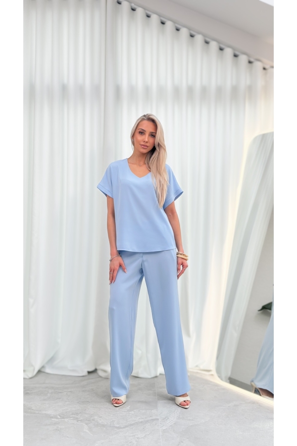 Bluzka Damska Elegancka V-neck Luźna Wizytowa Krótki Rękaw Premium - błękit